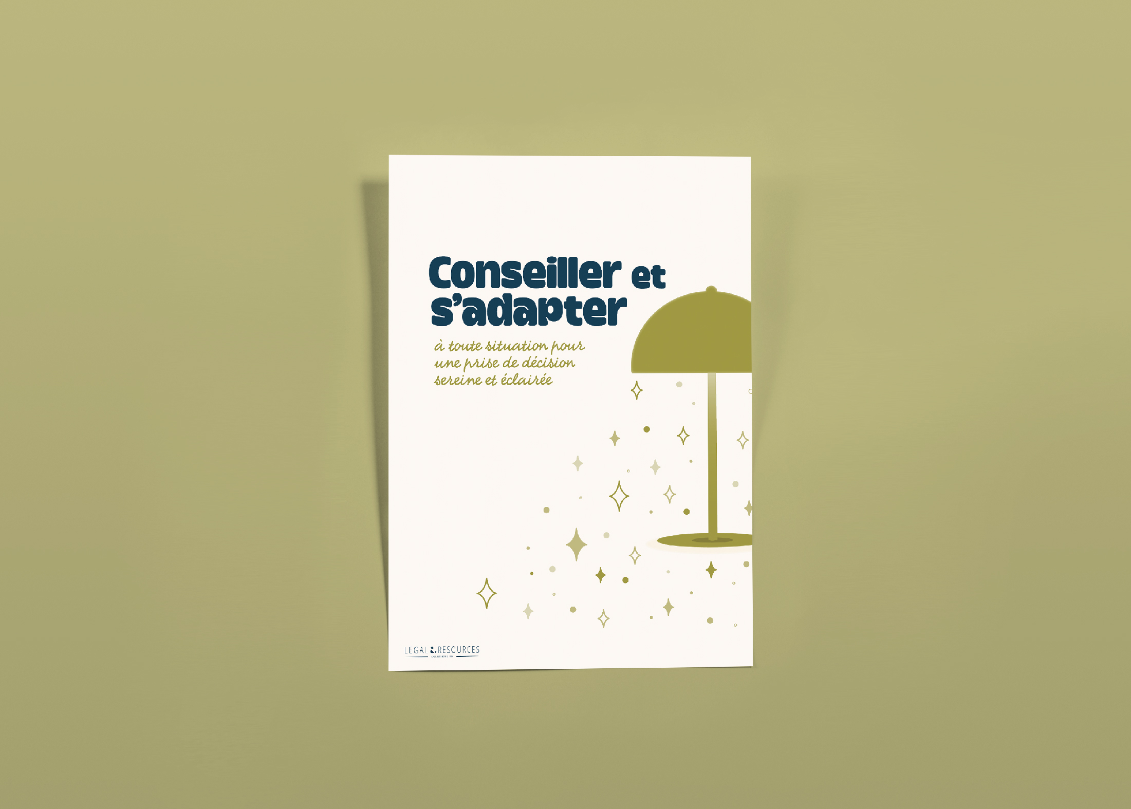 Proposition graphique pour un cabinet rh et droit social : mise en avant de la phrase décrivant l'activité + objet symbolisant l'éclairage apporté par les conseils juridiques