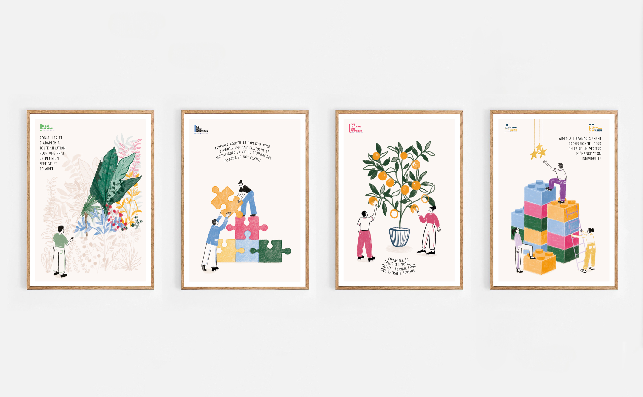 Affiches cabinet RH et droit social : 1/ Légal, 2/ Paie, 3/ Retraite, 4/ Talent management