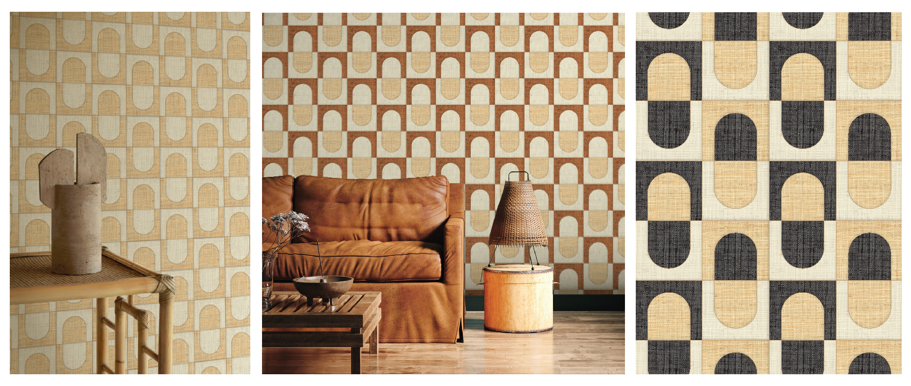 Revêtement mural géométrique : création d’un motif géométrique intemporel à partir d’éléments découpés en raphia de la gamme Merida (Élitis).