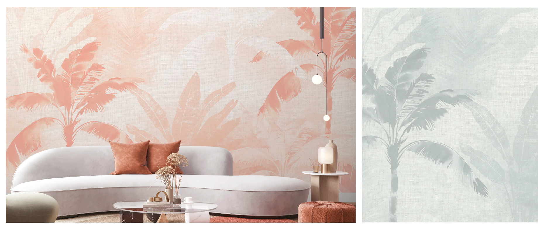 Revêtement mural panoramique : une jungle tropicale onirique, tout en monochrome pour une ambiance douce.