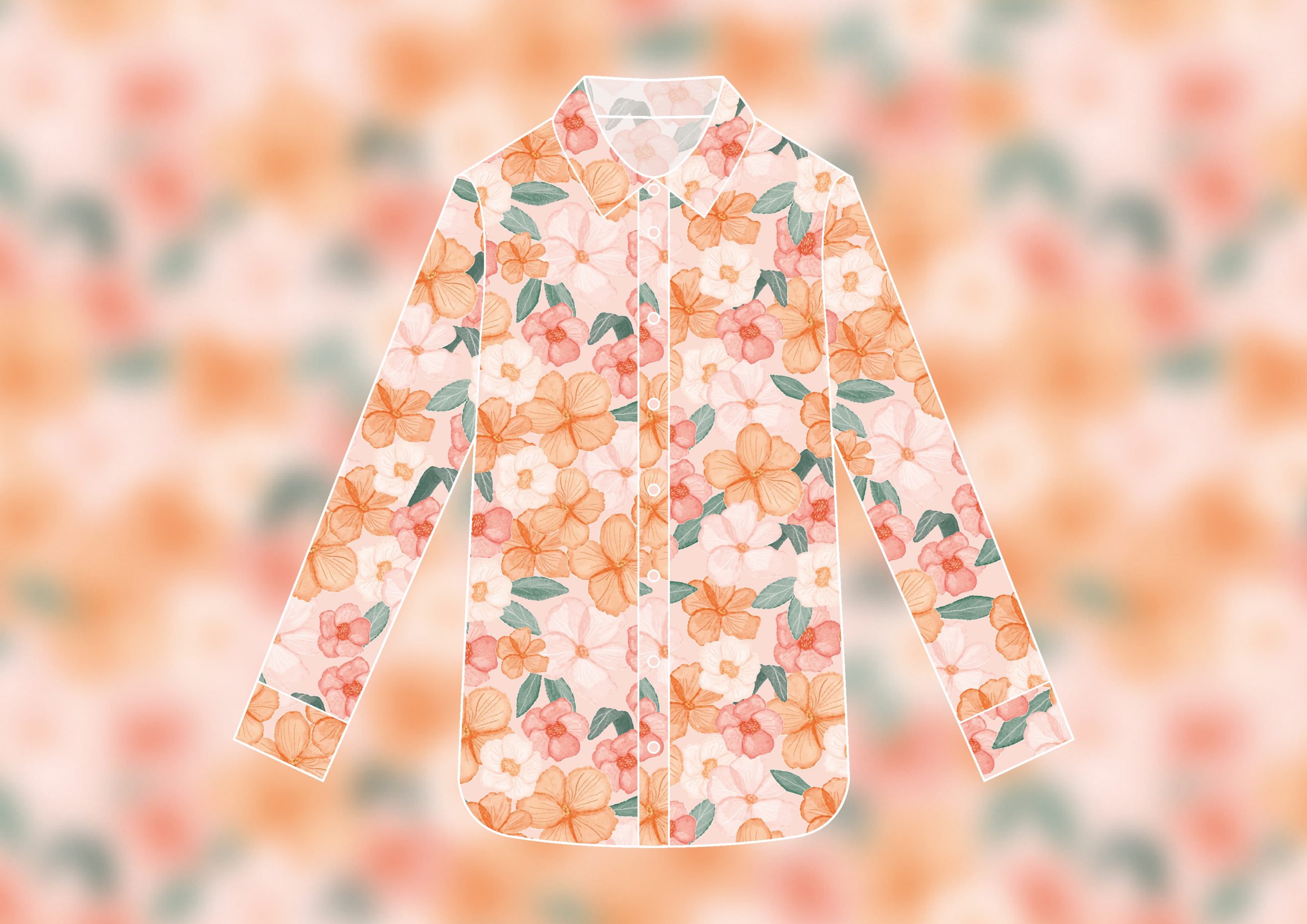 Imprimé textile floral réalisé pour une chemise prêt-à-porter femme, réalisé à l'aquarelle